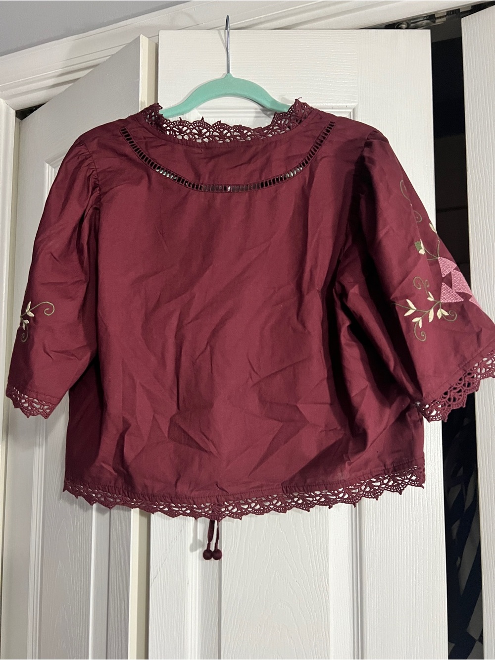 Embroidered Burgundy Women's Blouse with Lace Trim - Picture 8 of 10
